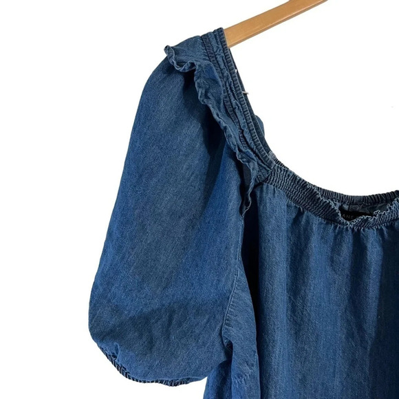 Lane Bryant Chambray Blouse Plus Size 22 Short Puff Sleeves Seersucker Neckline - Picture 3 of 5